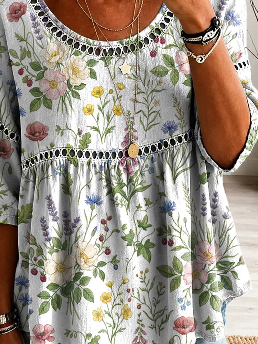 Women's Floral Pattern Art Print Casual Hollow Short Sleeve Linen Shirt