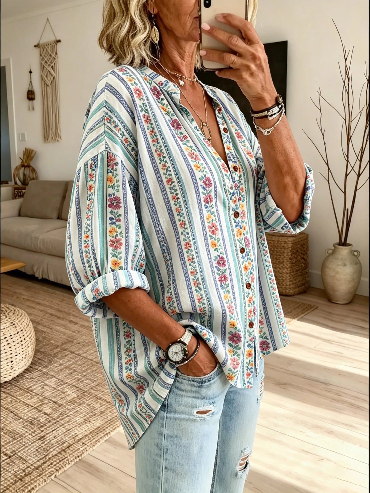 Women’s Colorful Floral Stripe Loose Shirt