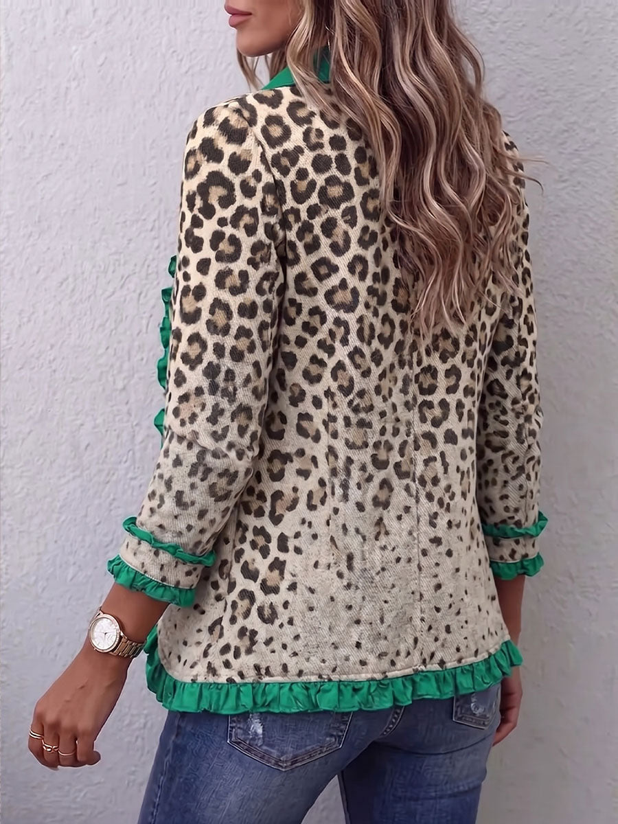 Vintage Elegant Leopard Print Patchwork Ruffled Jacket
