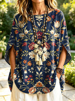 Women's Retro Floral Pattern Art Print Casual Short Sleeve Cotton Linen Shirt