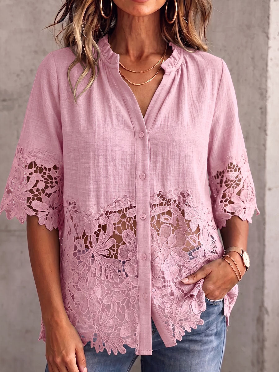 Vintage Elegant Openwork Lace Patchwork Cotton And Linen Shirt