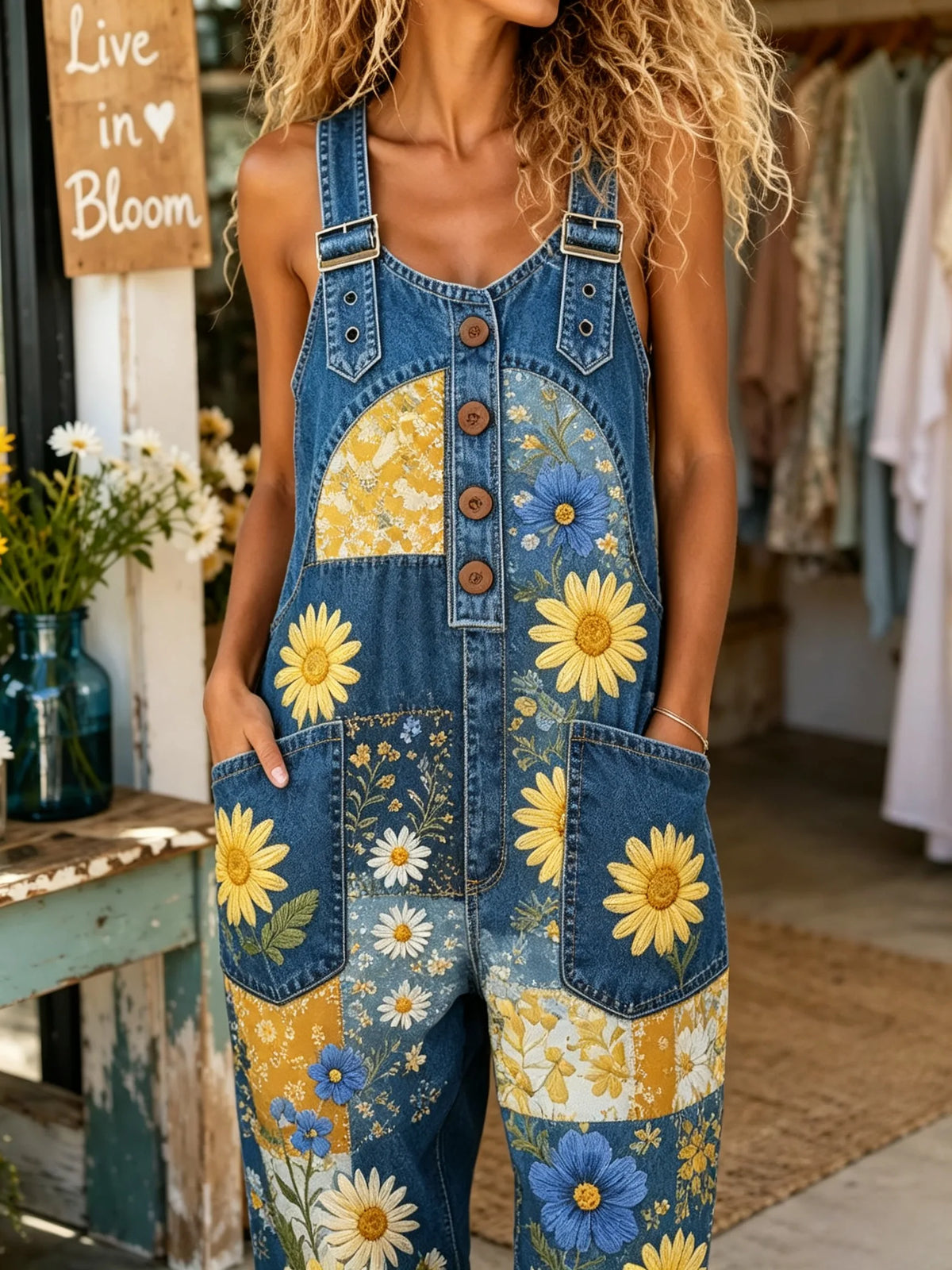 Women Sunflower Patch Floral Print Denim Long Overalls