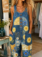 Women Sunflower Patch Floral Print Denim Long Overalls
