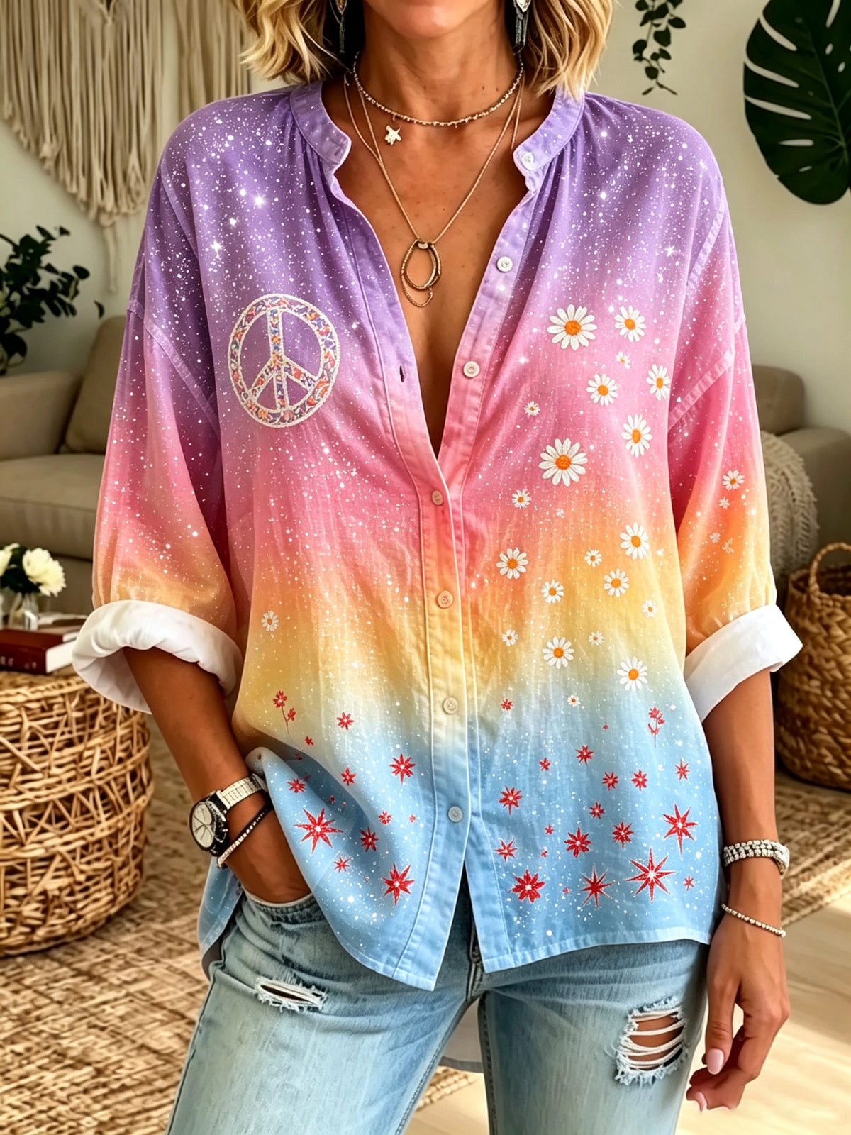 Women's Ombre Daisy Peace Print Button-Down Shirt