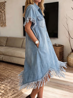 Women's Frayed Tassel Hem Short Sleeve Denim Shirt Dress With Pockets
