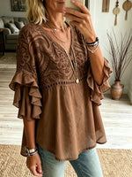 Women’s Brown Floral Embroidered Ruffle Top