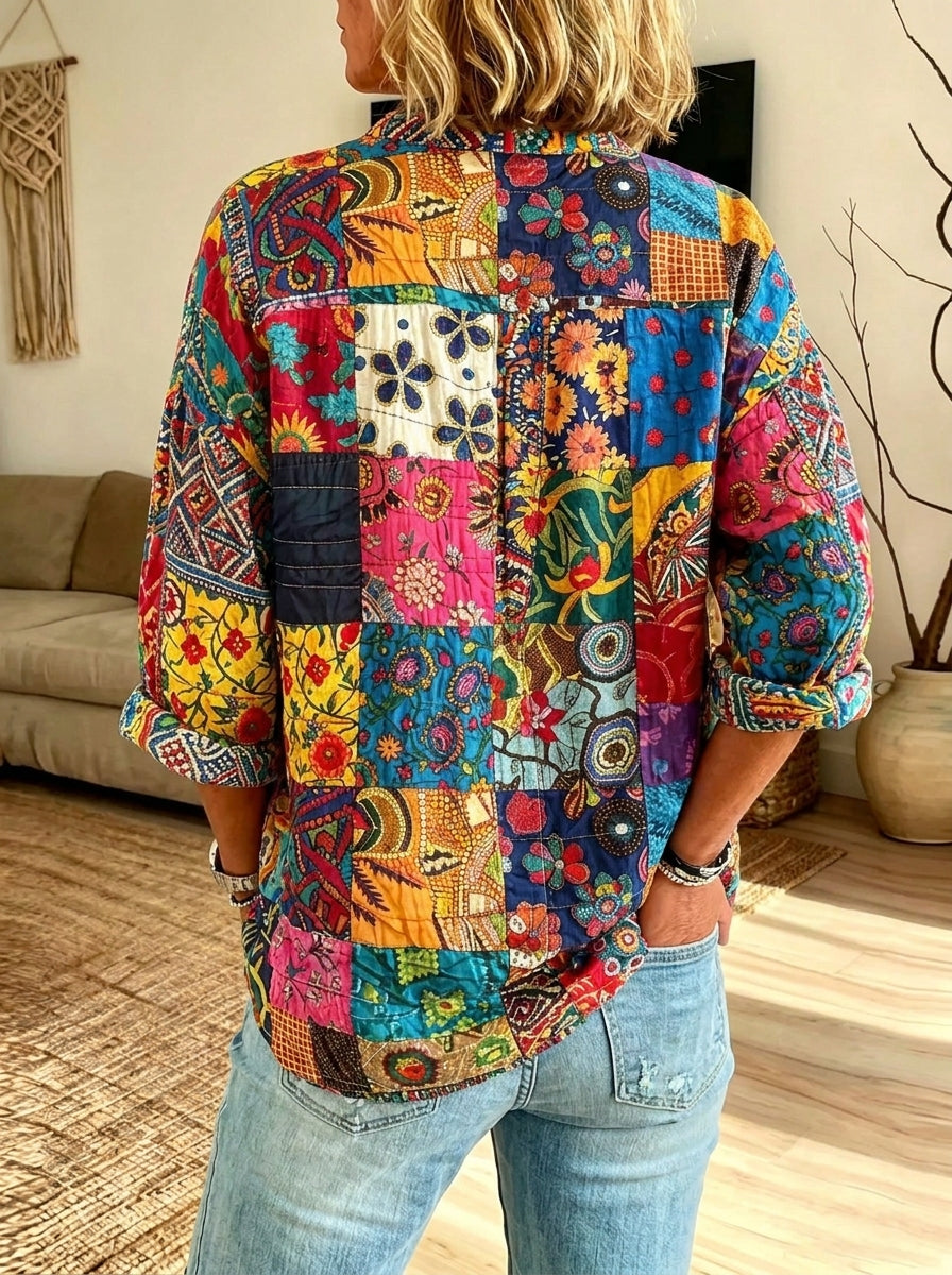 Women’s Colorful Boho Patchwork Floral Print Ruffle Collar Loose Button Down Blouse