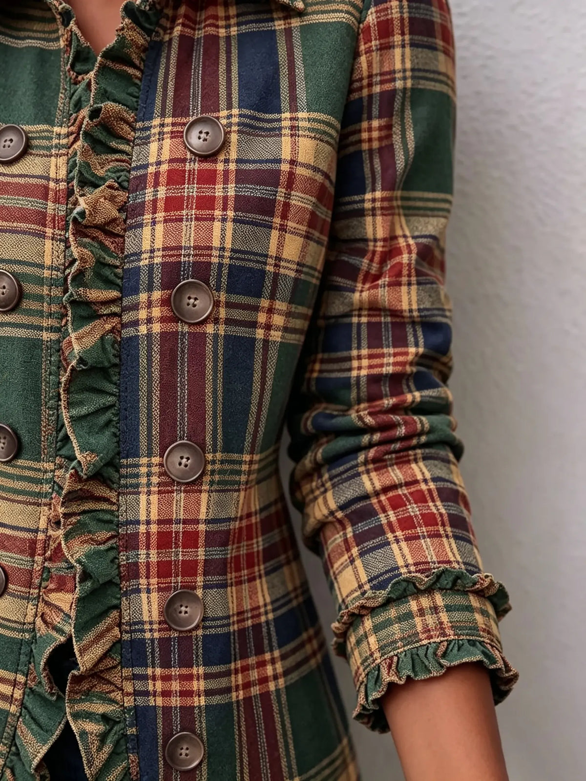 Women's Vintage Plaid Ruffle Lapel Casual Blazer Jacket