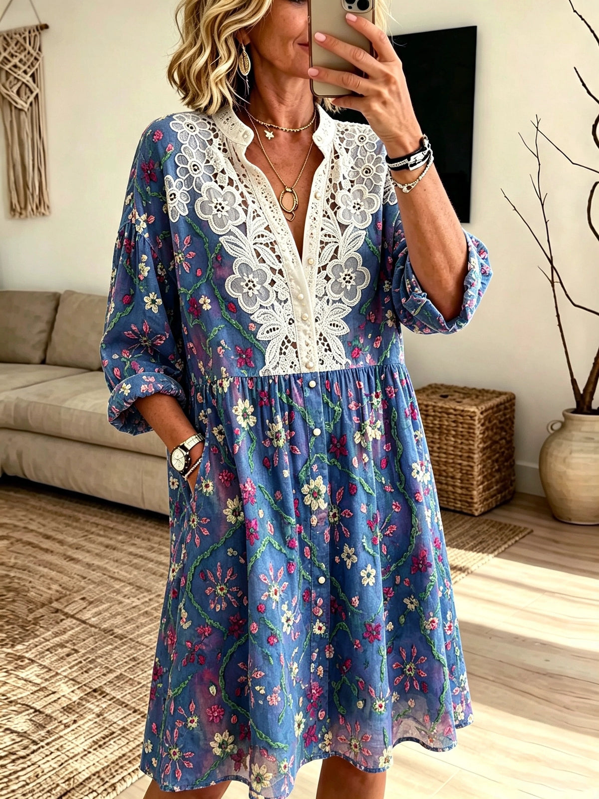 Women's Floral Crochet Lace Shirt Dress