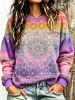 Women's Vintage Mandala Geometric All Over Print Gradient Crew Neck Long Sleeve Sweatshirt