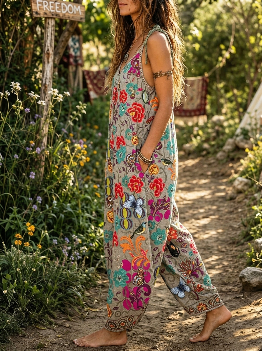 Women’sVintage Floral Bird Print Spaghetti Strap Boho Harem Jumpsuit With Pockets