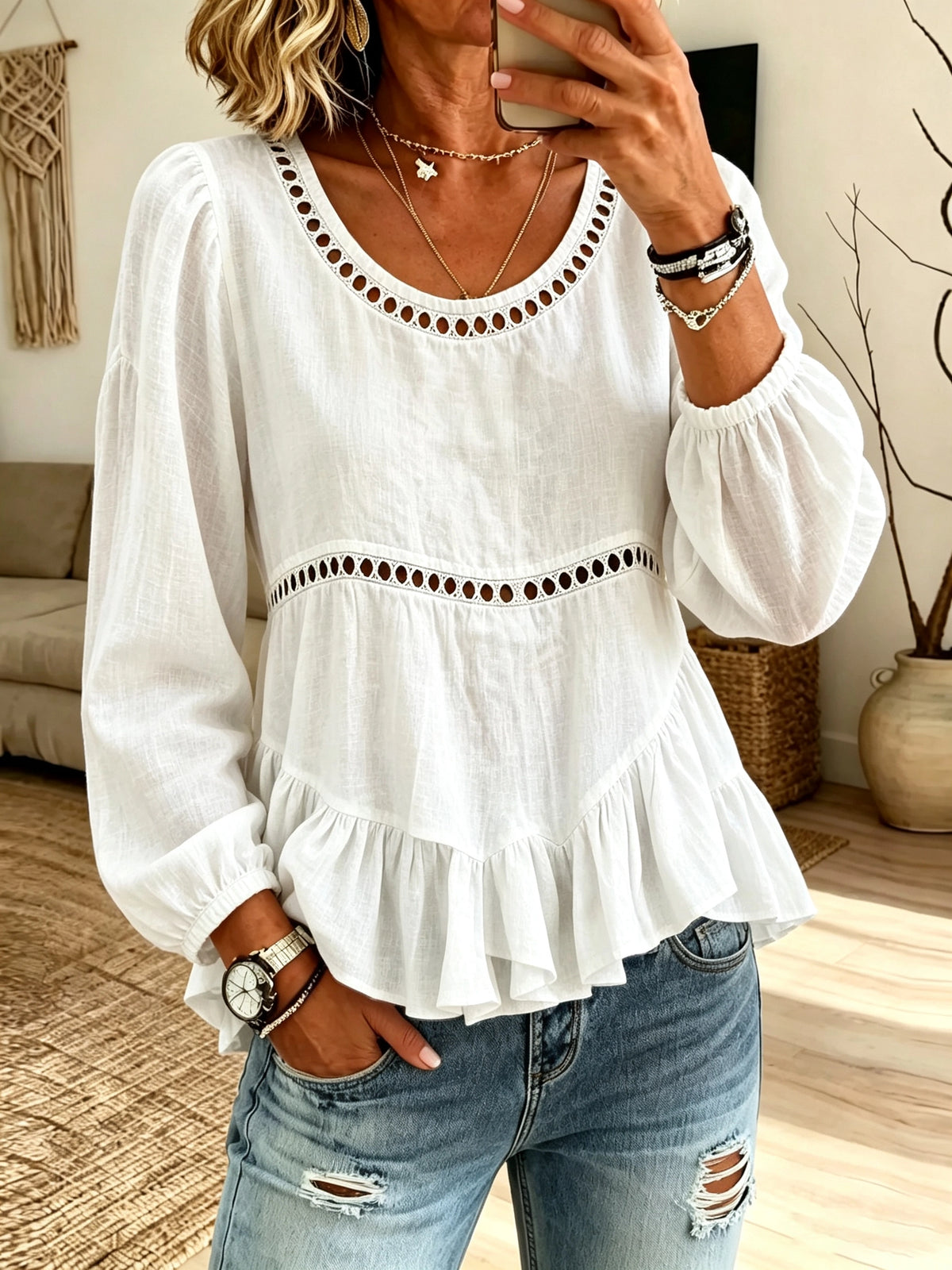 Women's Cutout Eyelet Peplum Blouse