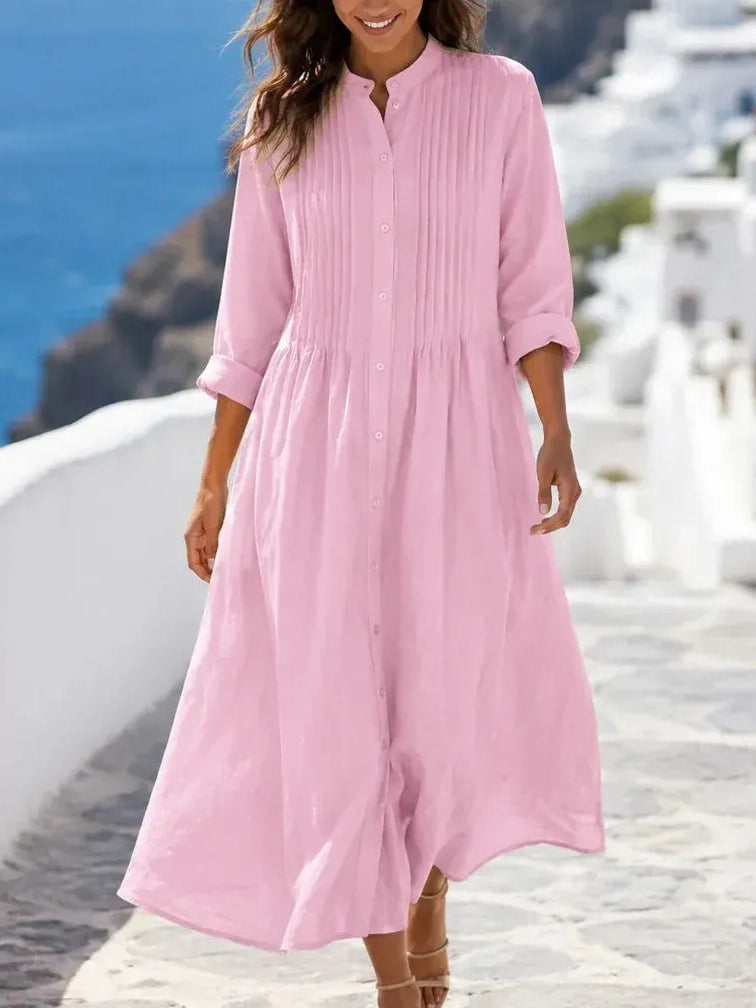 Women's Pleated Band Collar Shirt Dress