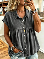 Women's Solid No-Print Washed Denim Cap Sleeve Collared Babydoll Blouse