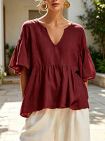 Women's Solid Color Ruffle Art Stylish Short Sleeve Cotton Linen Shirt