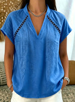 Women's V Neck Cutout Diagonal Shoulder Loose Linen Cotton Short Sleeve Top