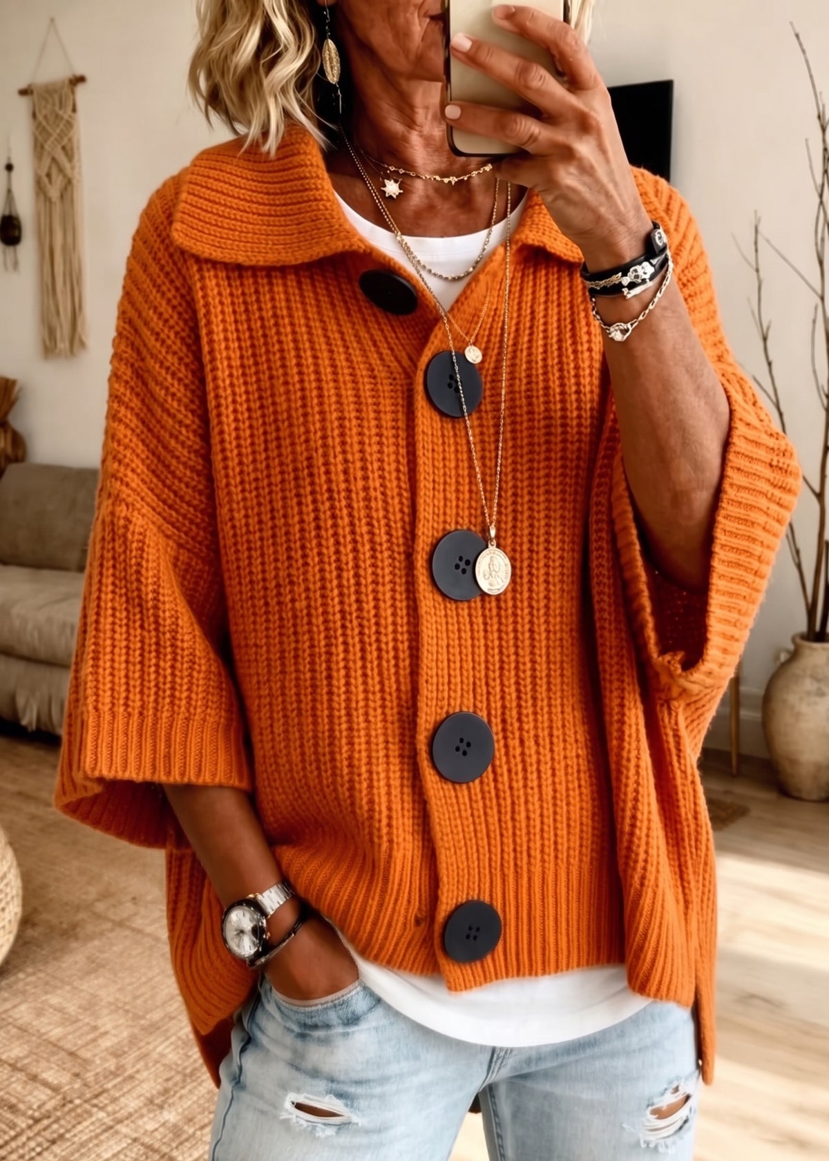 Collared Big Button Chunky Knit 3/4 Sleeve Cardigan