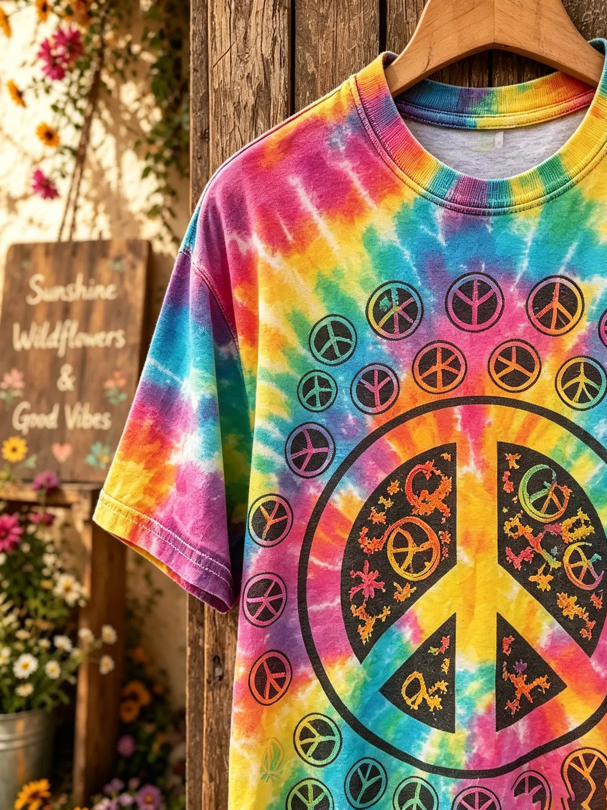 Unisex Rainbow Tie-Dye Peace Sign Circle Print Short Sleeve T-Shirt