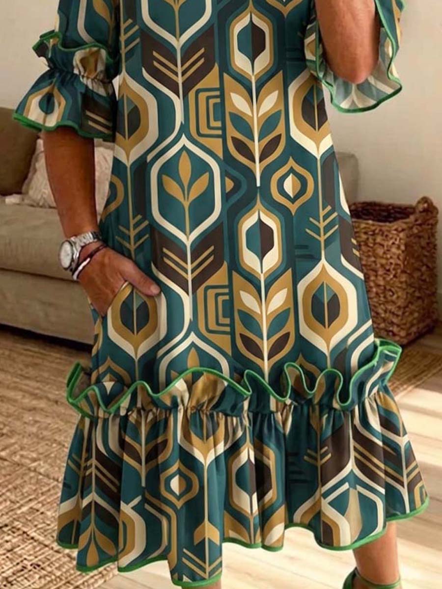 Retro Floral Pattern Art Print Casual Ruffle Stylish Cotton Linen Dress