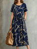 Women's Geometric Line Print Short Sleeve Drawstring Waist Midi Dress