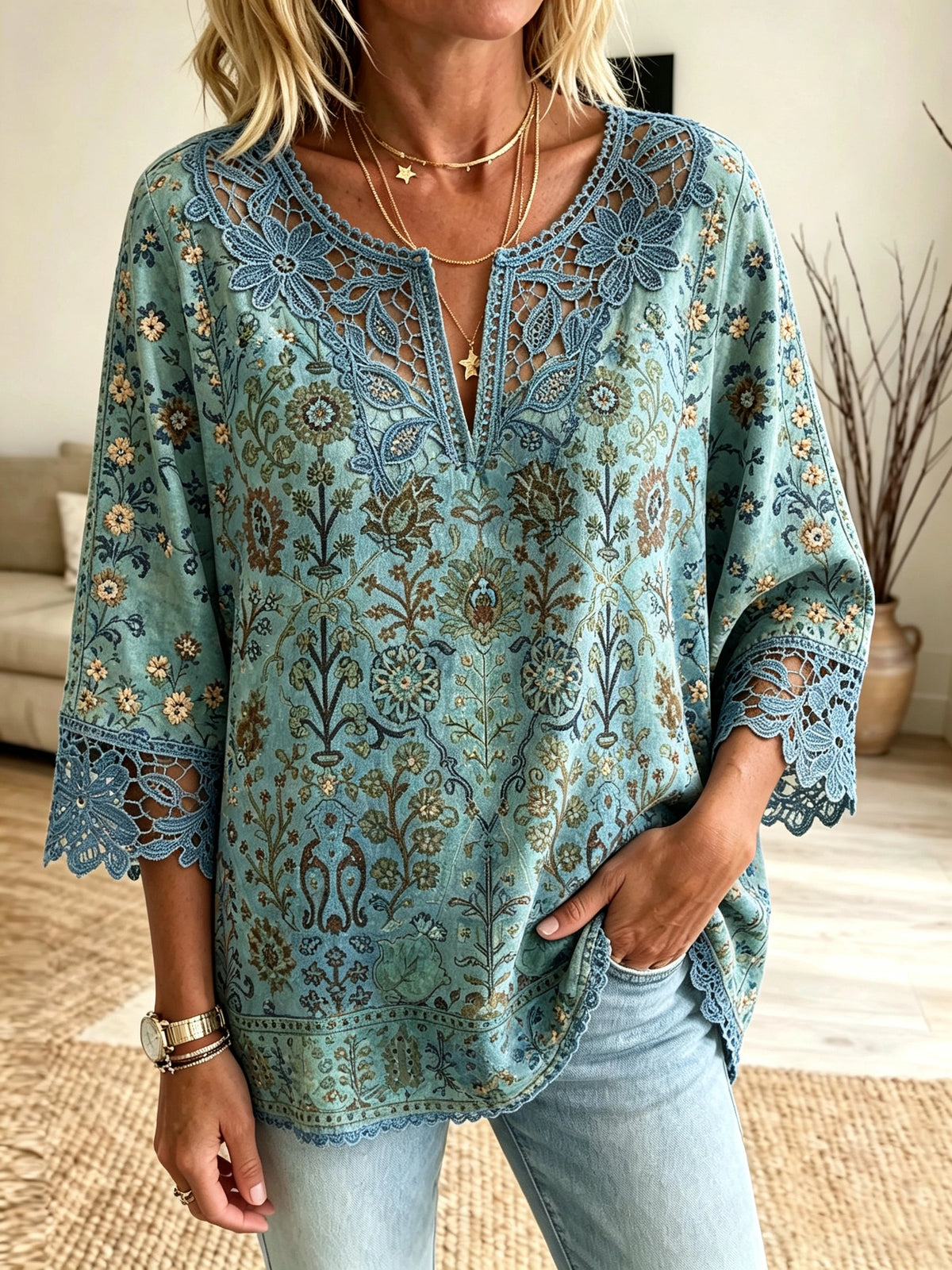 Women's Damask Crochet Cutout Blouse