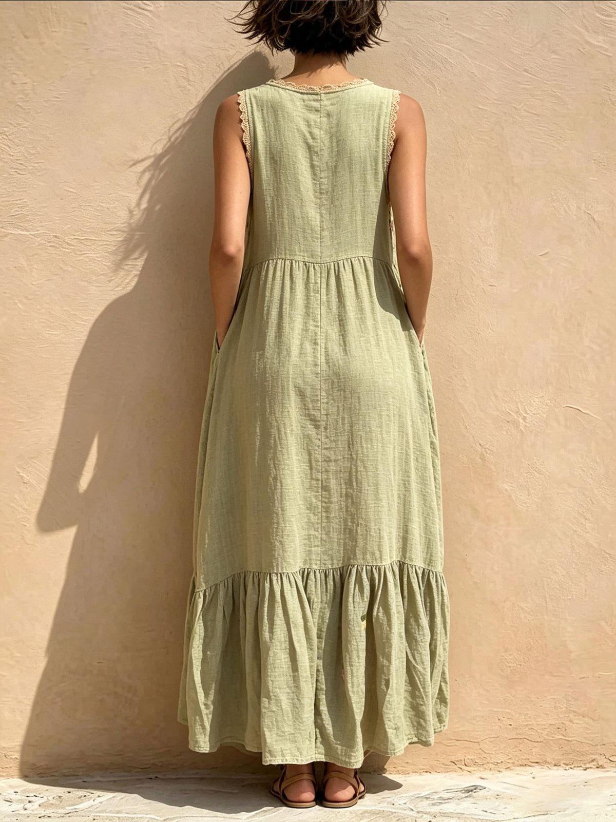 Women's Sleeveless Floral Embroidery Print Lace Trim Ruffle Hem Maxi Dress