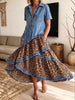 Women's Denim Leopard Patchwork Asymmetrical Tiered Maxi Dress With Pockets