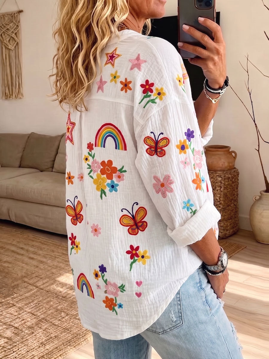 Vintage Elegant Button Long Sleeve Patterned Shirt