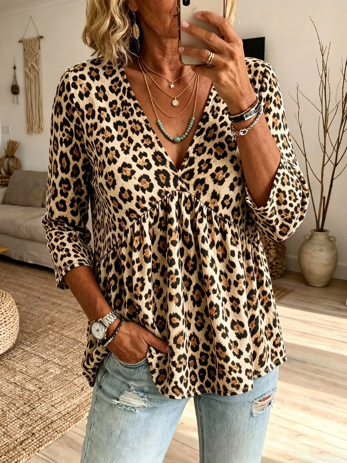 Women's Classic Leopard Print V-Neck Babydoll 3/4 Sleeve Top