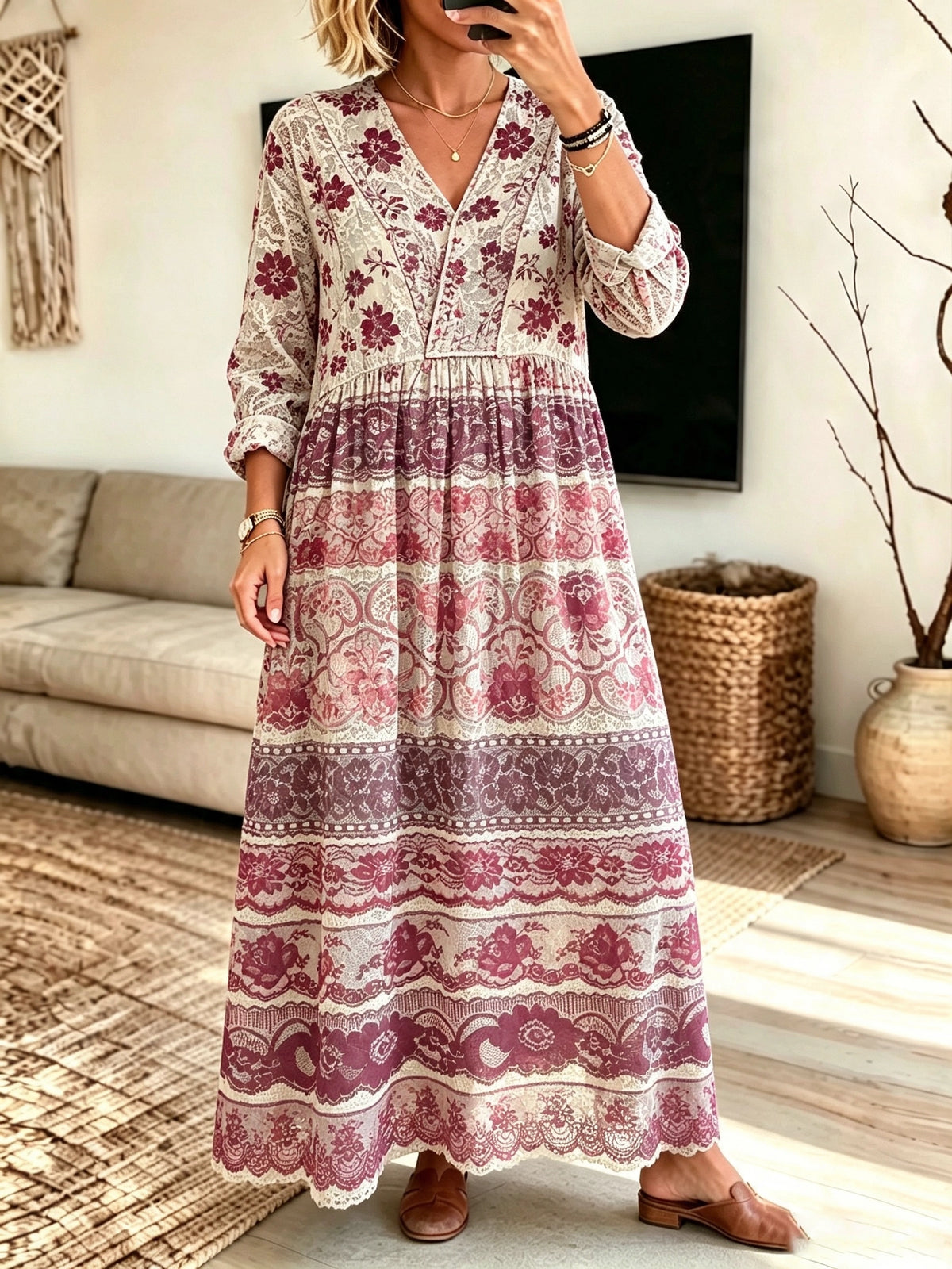Women's Floral Print V-Neck Maxi Dress