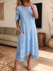 Women's Three Quarter Sleeve Floral Embroidery Print Lace Trim Tiered Maxi Dress
