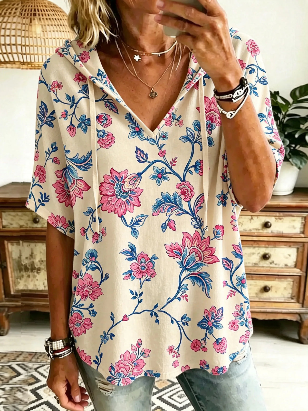 Women Vintage Large Floral Art Print Hooded Short Sleeve Top
