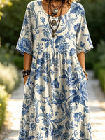 Women's Floral Pattern Art Print Casual Short Sleeve Linen Dress