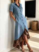 Women's Denim Leopard Ruffle Hem Split Shirt Maxi Dress With Pockets