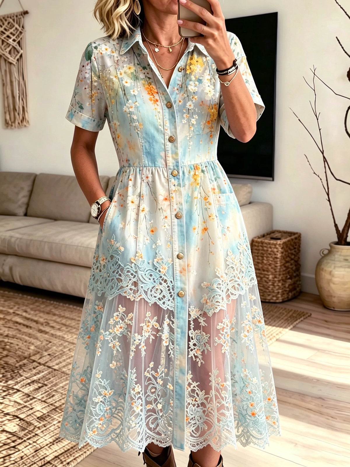 Women's Floral Lace Mesh Shirt Dress