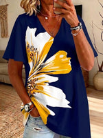 Womens V Neck Large Floral Print Short Sleeve Casual Tunic Top