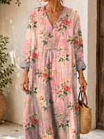 Retro Floral Pattern Art Print Casual V-neck Long Sleeve Cotton Linen Maxi Dress