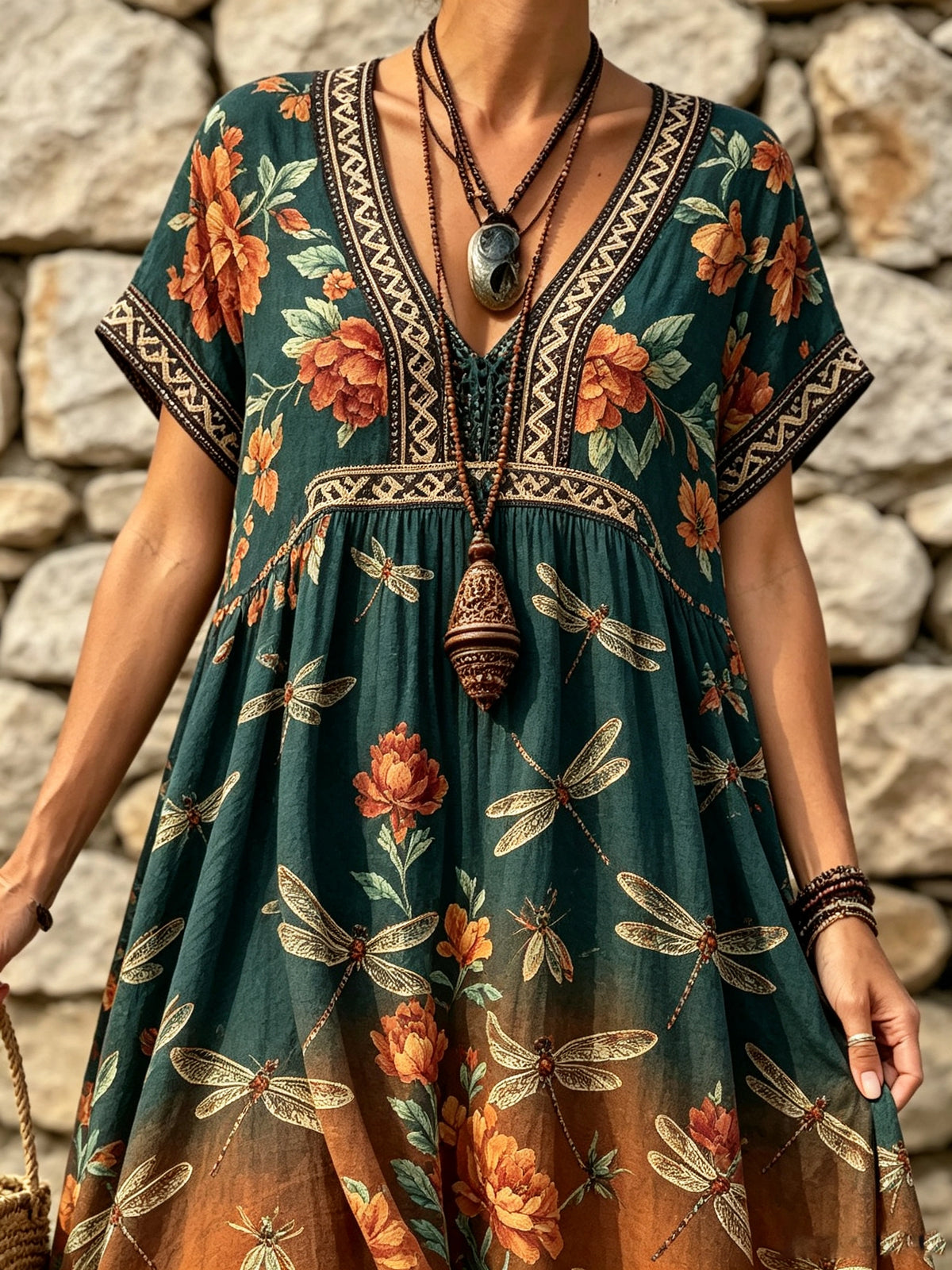Women's Dragonfly Floral Print Maxi Dress