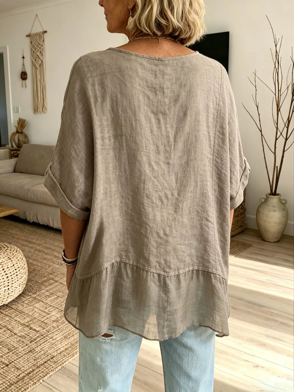 Women Solid Textured Patch 3/4 Sleeve Linen Blouse