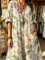 Women's Watercolor Orchid Floral Print V-neck Maxi Dress
