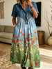 Women’s Denim Spliced Poppy Butterfly Gradient Print Shirt Midi Dress With Pockets