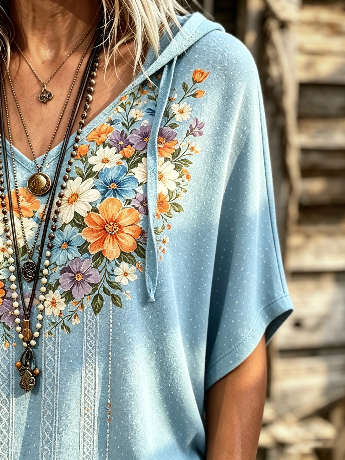 Women's Dotted Floral Print Short Sleeve Hoodie