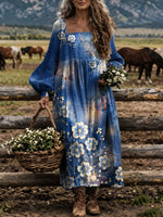Women‘s Blue Tie Dye Floral Square Neck Balloon Sleeve Boho Midi Dress