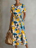 Women's Abstract Floral Print Short Sleeve Drawstring Waist Pocket Midi Dress