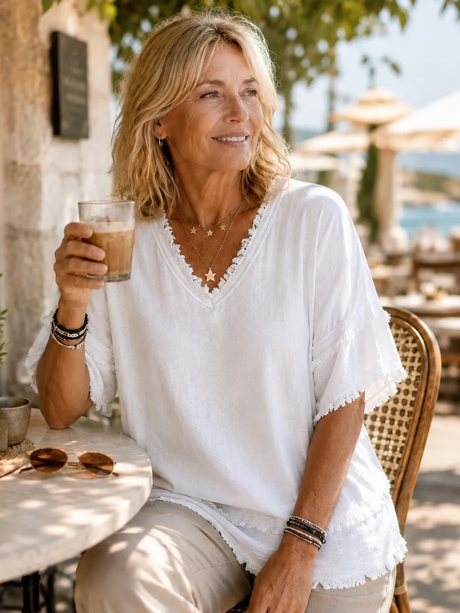 Women's Raw Edge Fringed Linen Blouse
