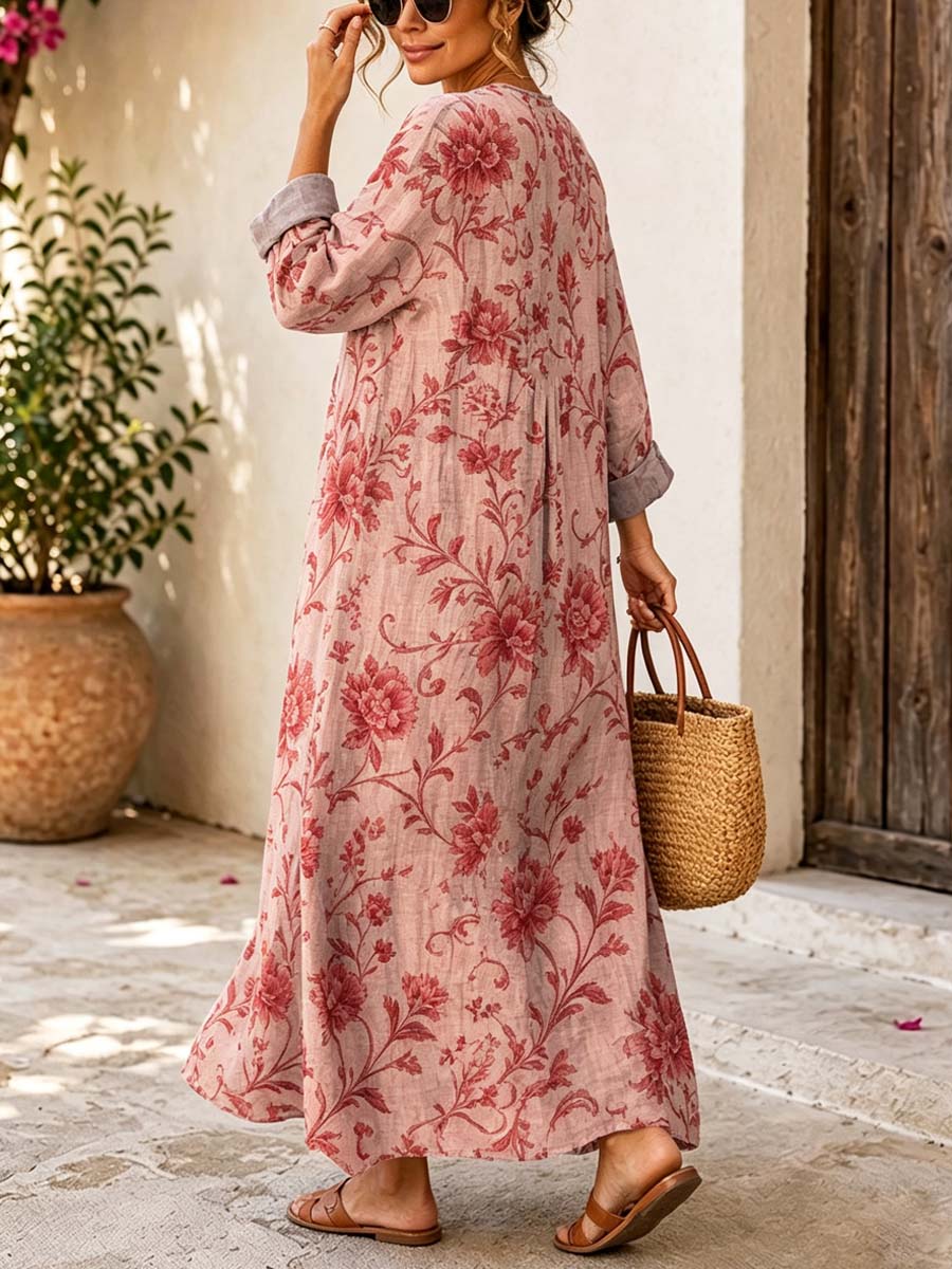 Retro Floral Pattern Art Print Casual V-neck Long Sleeve Cotton Linen Maxi Dress