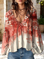 Women's Floral Pattern Art Print Ruffle Casual Long Sleeve Cotton Linen Shirt