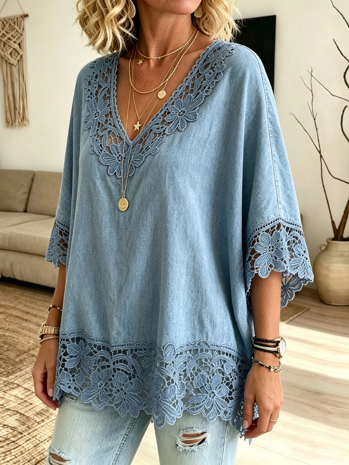 Women's Crochet Cutout Denim Blouse