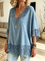Women's Crochet Cutout Denim Blouse
