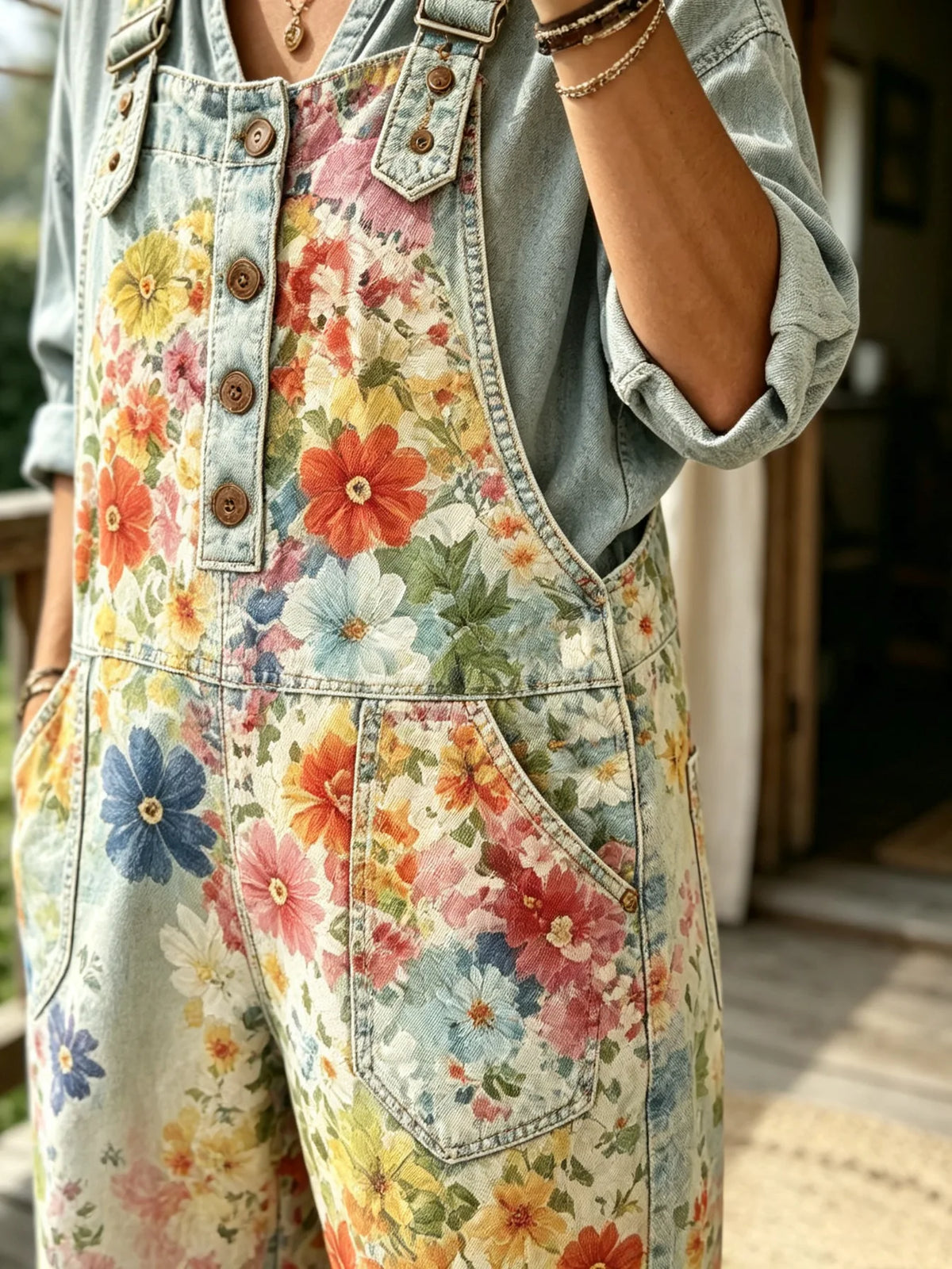 Women's Allover Watercolor Floral Washed Denim Overalls
